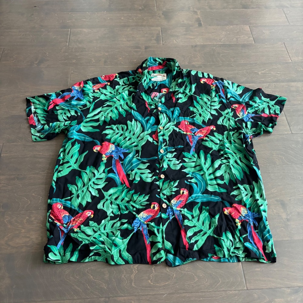 Paradise Found Honolulu Hawaii Parrot Monstera Leaf Print Aloha Shirt Black XL